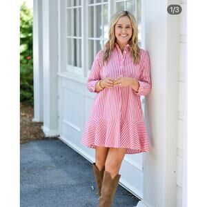 LIVRO Polly Shirt Dress Raspberry Pinstripe S NWT QuietLuxury Coastal Preppy